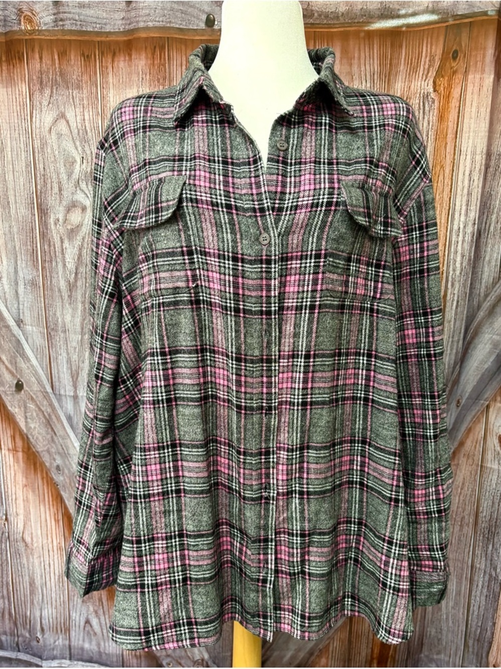 Pink & Gray soft flannel Plaid Button-Down Shirt